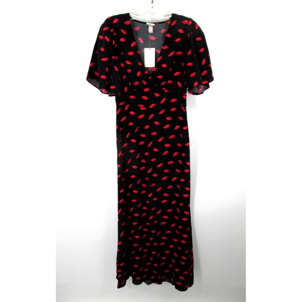 A New Day Maxi Sundress Women Size 2 Black Red Lips V-Neck Flutter Sleeve NWT